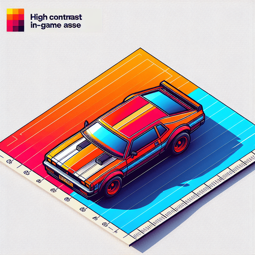 colorful car. orthographic top view.
Single Game Texture.  In-Game asset.  2d.  Blank background.  High contrast.  No shadows