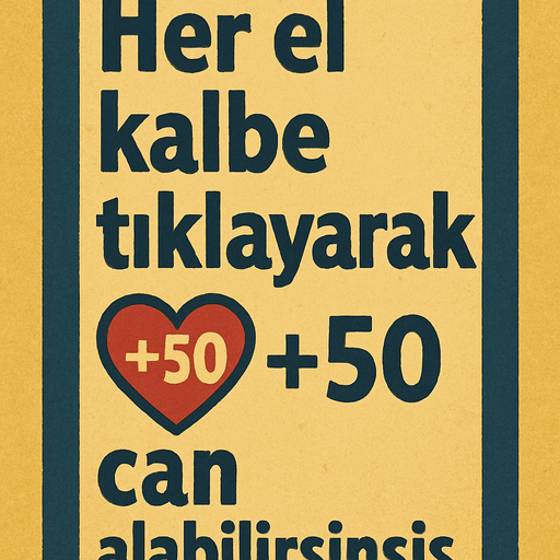 Her el kalbe tıklayarak +50 can alabilirsiniz." yazan bir yazı oluştur . Dikey formatta olsun . Retro temada olsun , arka plan soluk renklerde sarı lacivert olsun . Yazı formatı çok büyük olmasın . Yazılar ekranda rahat rahat okunabilsin . Yazılar tüm ekranı kaplamasın . Oluşturacağın görselin alt ve üstünde boşluklar olsun , yazı ortada olsun görselde ! 
In-Game asset.  2d.  High contrast.  No shadows
