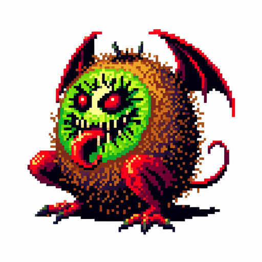 a demonic kiwi, pixel style.
Single Game Texture.  In-Game asset.  2d.  Blank background.  High contrast.  No shadows