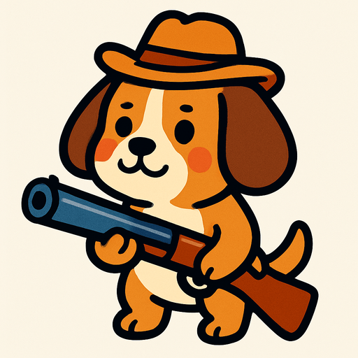 a dog cute dog with a hat and a shotgun.
In-Game asset.  2d.  High contrast.  No shadows