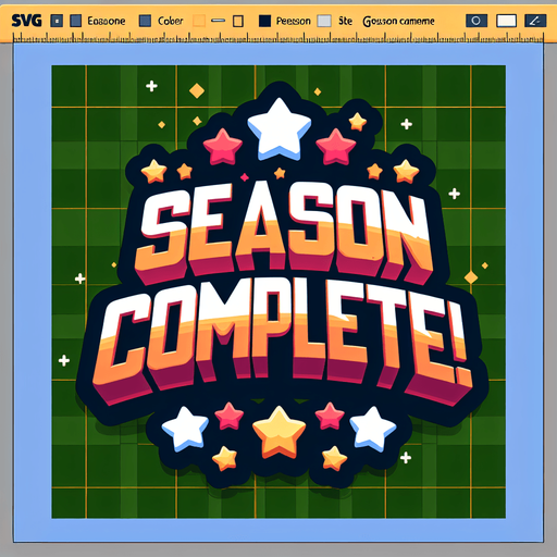Create a SVG text design in bold cartoon style: "SEASON COMPLETE!" in chunky rounded letters with stars around it .
Single Game Texture. In-Game asset. 2d. Blank background. High contrast. No shadows.