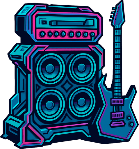 Torre de guitarra moderna, futurista con amplificacion..
In-Game asset.  2d.  High contrast.  No shadows