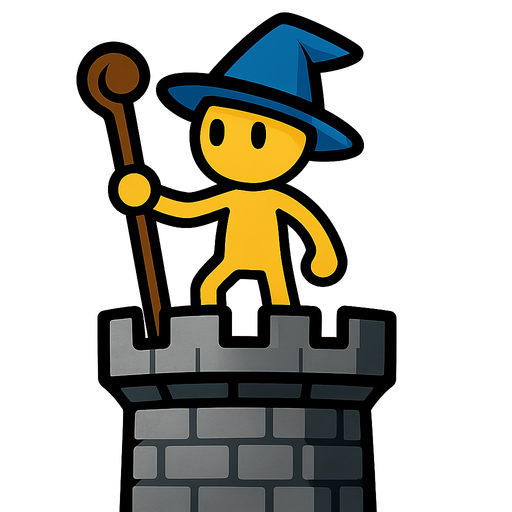 Yellow stickman with an azur wizard hat and staff on a tower.
In-Game asset.  2d.  High contrast.  No shadows