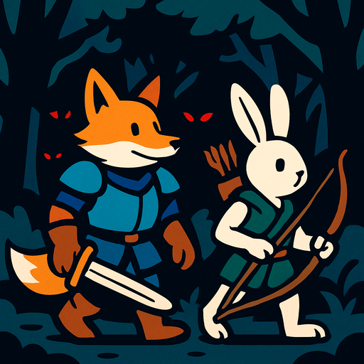 un caballero zorro y un arquero conejo caminan por el bosque tranquilamente, mientras en el fondo en la oscuridad del bosque se ven unos ojos rojos que resaltan.
In-Game asset.  2d.  High contrast.  No shadows