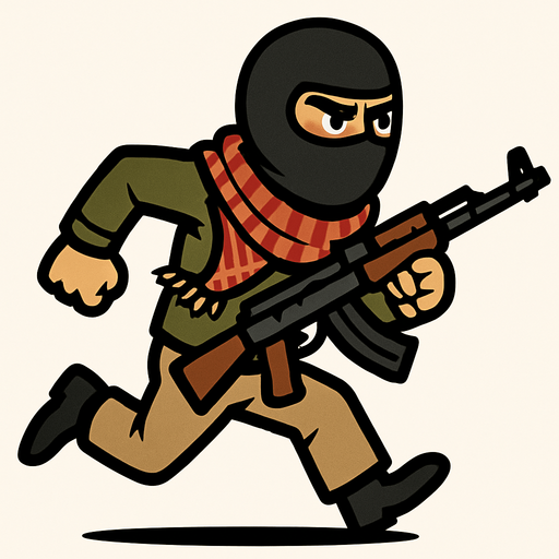 silahla koşan terörist.
In-Game asset.  2d.  High contrast.  No shadows