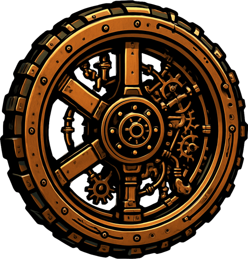 has una rueda en estilo steampunk.
In-Game asset.  2d.  High contrast.  No shadows