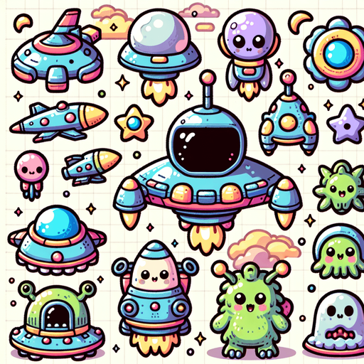Spritesheet, Including spaceships, UFOs, Boss monster, Space monster...
Studio Ghibli. Mobile game. Colorful. hand drawn. cute, fun. In-Game asset. 2d. Blank background. High contrast. No shadows.