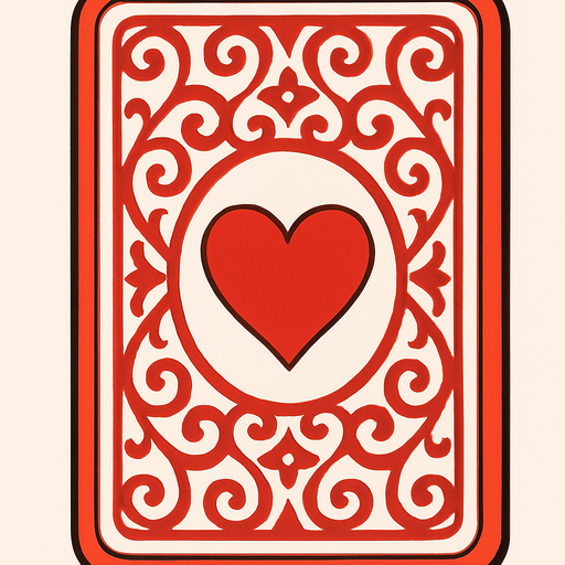 The back of a playing card. Red pattern with a heart in the center. Anime style..
In-Game asset.  2d.  High contrast.  No shadows