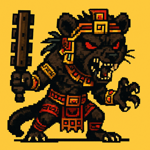 Genérame una Tayra guerrero azteca con eso patrones, estilo pixelar, con una apariencia maligna, ojos rojos, rabioso. Unidad cuerpo a cuerpo. Animal.
In-Game asset.  2d.  High contrast.  No shadows