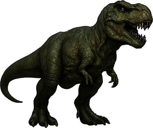 A massive Tyrannosaurus rex dinosaur depicted in a neutral standing pose on a transparent background. It has a powerful, muscular body covered in rough, dark green and brown scaly skin with visible wrinkles and scars. The head is huge with a wide mouth slightly open, showing rows of sharp teeth and piercing yellow eyes. Its short but strong arms have two clawed fingers, and the thick tail balances the bulky body. The skin texture features detailed scales and subtle shading, emphasizing its predatory strength and dominance..
In-Game asset.  2d.  High contrast.  No shadows
