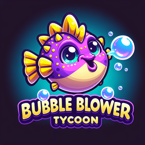 a game logo for a game called 'Bubble Blower Tycoon' about a happy purple pufferfish with yellow fins and spines that builds an underwater empire of bubbles. Cartoon.
Single Game Texture.  In-Game asset.  2d.  Blank background.  High contrast.  No shadows