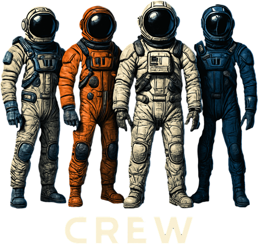 Uzay temalı Spaceship Crew, gerçekçi, Altında "crew" yazsın.
In-Game asset.  High contrast.  No shadows