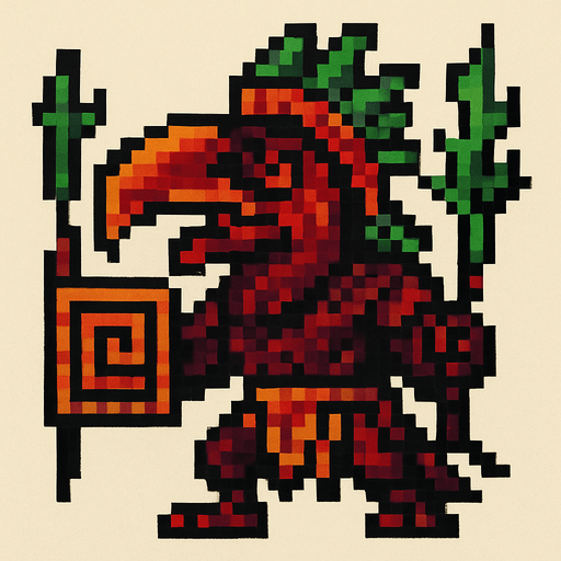 Genérame un Tucan guerra azteca con eso patrones estilo pixelar, con una apariencia maligna.
In-Game asset.  2d.  High contrast.  No shadows