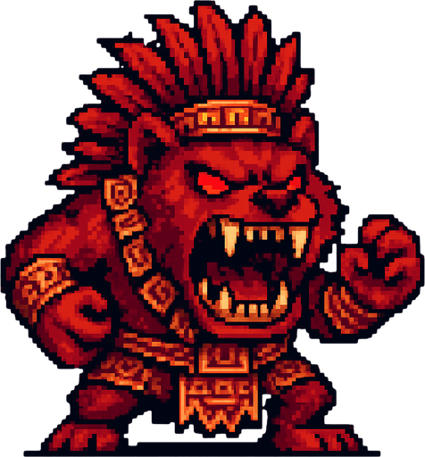 Genérame una Demonio de Tasmnia guerrero azteca con eso patrones, estilo pixelar, con una apariencia maligna, ojos rojos, rabioso. POderes, super rojo y rabioso, como un ejfe final. Animal. No tiene arams solo una gran y poderosa mordida.
In-Game asset.  2d.  High contrast.  No shadows