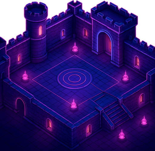 Top down isometric neon cyberpunk castle courtyard dungeon background large