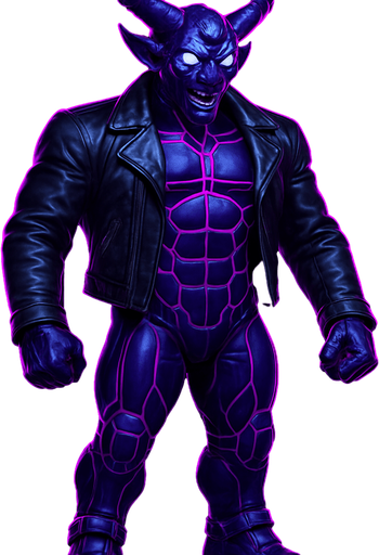 Black leather biker jacket longsleeves bare segmented neon cyberpunk pecs abs muscles robot monster hunk Neon cyberpunk 3d hologram corporate occult demon android mecha robot sentinel guard soldier machine monster fully in frame no part cut off no background anime futuristic Background removed, "Full-body character, entirely in frame, no cropping of face, head, or feet" "Complete character visible, from head to toe, fully centered in the image" "Entire character, including face and boots, fully within the frame" Character fully contained within a square frame, no edges cut off  horns through boots