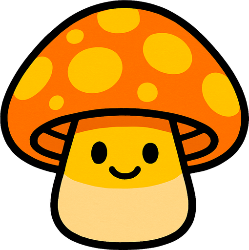 Sombrero Anaranjado/Amarillo: Tiene un sombrero grande y redondo de color anaranjado o amarillo brillante, con manchas de un tono más oscuro o marrón-anaranjado. Los puntos grandes y luminosos en su sombrero le dan un aspecto amigable y sugieren su función solar.

Tallo Beige/Crema: Su tallo es corto y regordete, de un color beige o crema claro.

Cara Amigable: Posee dos ojos pequeños y redondos, y una pequeña sonrisa, dándole una expresión dulce y pasiva..
In-Game asset.  2d.  High contrast.  No shadows
