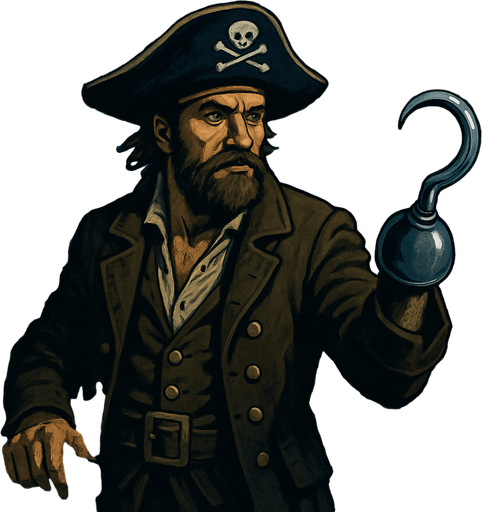 Pirata con sombrero pirata y garfio, en barco pirata, navegando sobre el mar en una noche estrellada, algo realista, pero fuera de lo caricaturesco.
In-Game asset.  2d.  High contrast.  No shadows
