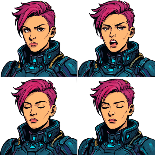 Cyberpunk high commander women looking to the camera with eyes by side, the half upper part of it only not all body, different frames, Opened eyes closed mouth, Opened eyes opened mouth, talking closed eyes opened mouth, Closed eyes closed mouth, each frame in one image. background yellow. paint it professionally with all details.
In-Game asset.  2d.  High contrast.  No shadows