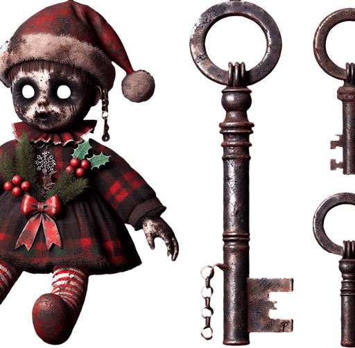 a simple dirty, dark and eerie Christmas doll key.
Single Game Texture. In-Game asset. 2d. Blank background. High contrast. No shadows.