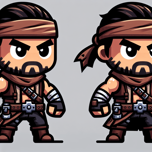 chibi anger bulk and bold guy tomb raider bandit.
Single Game Texture.  In-Game asset.  2d.  Blank background.  High contrast.  No shadows