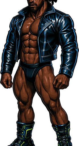 man Cyberpunk manga, African American hunk, shiny black leather biker jacket longsleeves shirtless muscles, jockstrap combat boots, Background removed, "Full-body character, entirely in frame, no cropping of face, head, or feet" "Complete character visible, from head to toe, fully centered in the image" "Entire character, including face and boots, fully within the frame" Character fully contained within a square frame, no edges cut off fashion model idle pose