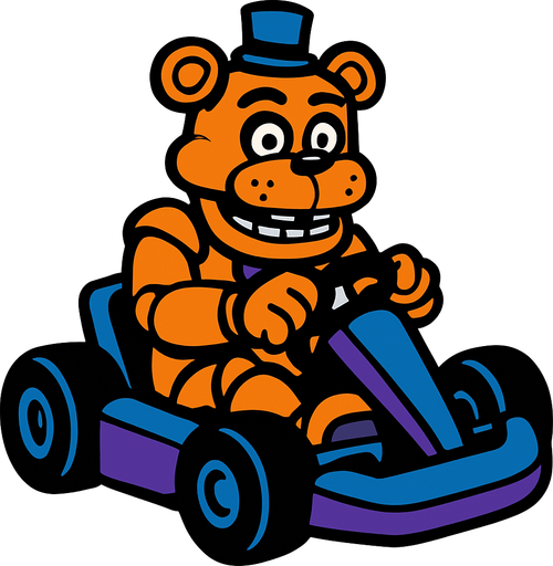 Un oso animatronico en un kart.
In-Game asset.  2d.  High contrast.  No shadows