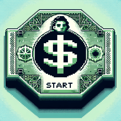 face view of a big start button in the shape of a dollar bill.
video game style