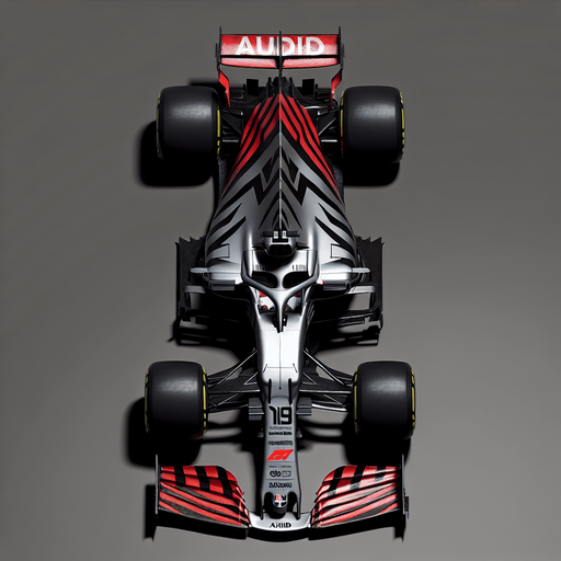 F1 race car. Top view. Grey body with THICK diagonal black stripes. Shiny-red wings with white AUDID text.
Single Game Texture. In-Game asset. 2d. Blank background. High contrast. No shadows.