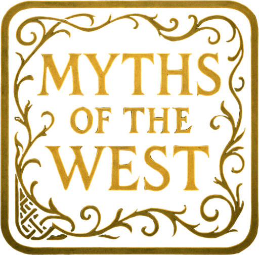 Kare ama köşeleri oval bir banner. LOTR tarzı. Yeşil ve altın sarısı ağırlıklı. İçinde "Myths of the West" yazıyor.