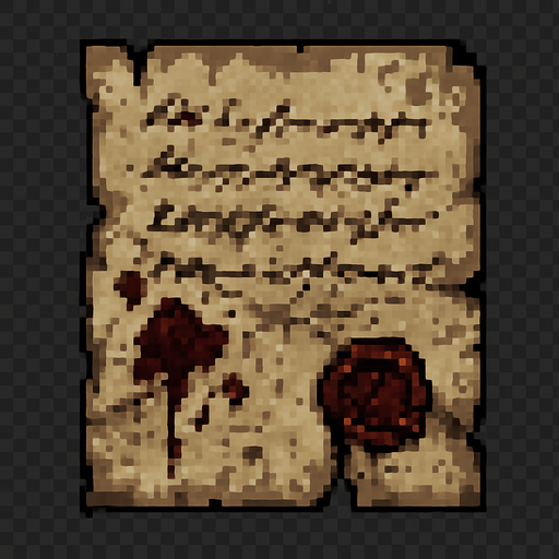 Create a pixel-art item of an old, mysterious letter for a horror-themed 2D game. The letter should be a yellowed, slightly torn piece of parchment with faded ink handwriting on it. Include smudges, old blood stains, or water damage for a haunting effect. The handwriting should look rushed or distressed. Fold marks or a wax seal (partially broken) can be added as details. It should look like something found in an abandoned house or crypt. PNG format with transparent background, suitable for inventory or collectible items..
In-Game asset.  2d.  High contrast.  No shadows