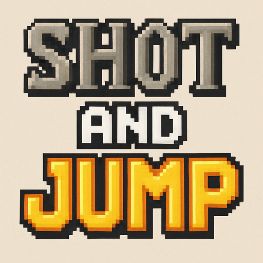 letras hechas con pixeles que dicen shot and jump las letras shot tendran un estilo medieval y tendran un color gris,las letras and color blanco con contorno negro y las letras jump de color amarillo con contorno naranja