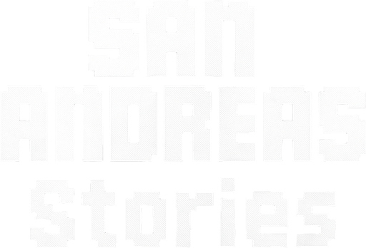 letras que dicen san andreas stories blancas hechas con pixeles.
In-Game asset.  2d.  High contrast.  No shadows