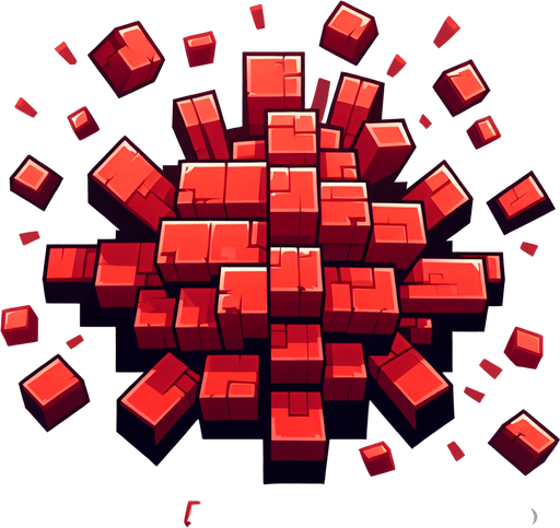 a cartoon explosion made of red bricks. no shadows..
Single Game Texture. In-Game asset. 2d. Blank background. High contrast. No shadows.