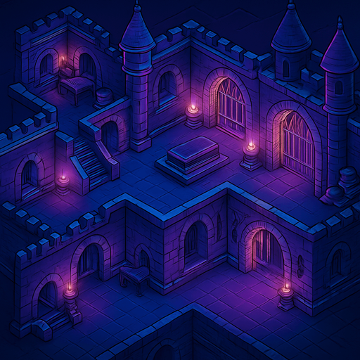 Top down isometric neon cyberpunk castle mansion interior dungeon background large