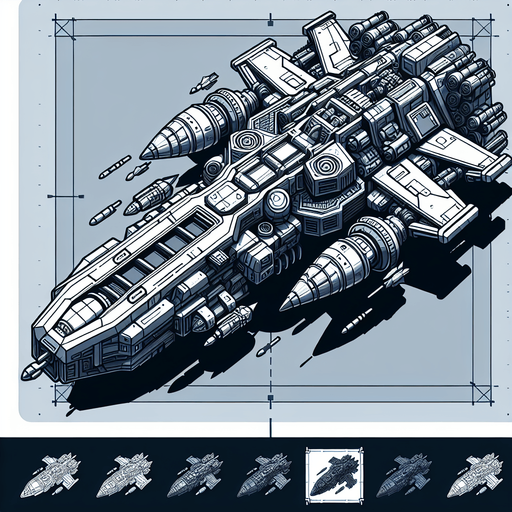 Space shooter with high weapons like missile and cannon blast.
Single Game Texture.  In-Game asset.  2d.  Blank background.  High contrast.  No shadows. 3d