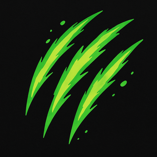 Small green claw slash effect. 2D. Top View..
In-Game asset.  2d.  High contrast.  No shadows