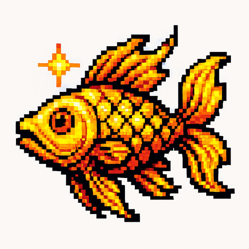 A shining golden mythical fish. Side profile, swimming. 
80s arcade machine graphics. White background. 
In-Game asset.  2d.  High contrast.  No shadows