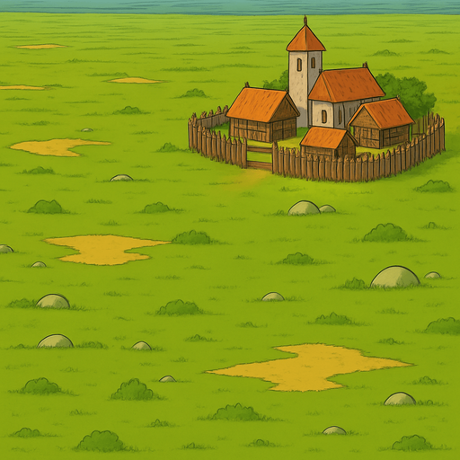 sağ üst köşeye çevresinde eski tahta çitler olan çok küçük bir köy ekle