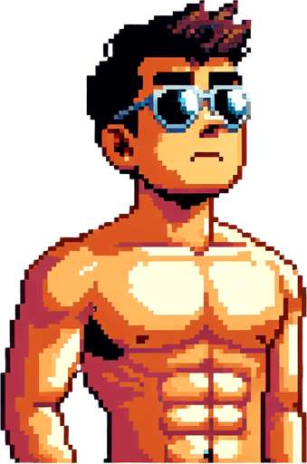 8-bit. Cartoon. Guy the beach. Full body. Looking up. Sunglasses. Worried. In game asset. Single Game Texture. In-Game asset. 2d. Blank background. High contrast. No shadows.