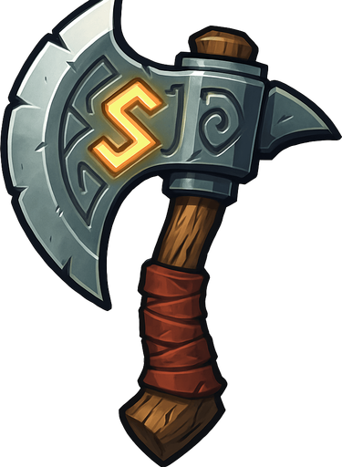 A stylized fantasy axe with a broad, curved blade and intricate engravings. The handle is wrapped in worn leather, and the metal has a slightly weathered look, giving it a battle-worn feel. The design is bold and exaggerated, suitable for an orc warrior, with a glowing rune etched into the blade. The style is high-fantasy with clean lines, vibrant highlights, and a dramatic shadow for depth. Perfect for 2D game assets or concept art..
In-Game asset.  2d.  High contrast.  No shadows
