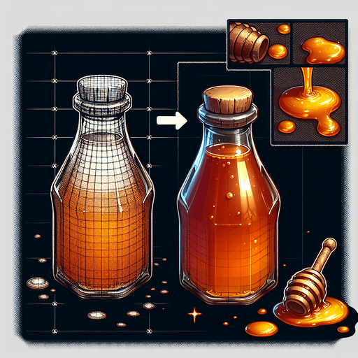 A glass bottle filled with honey.
Single Game Texture. In-Game asset. 2d. Blank background. High contrast. No shadows.