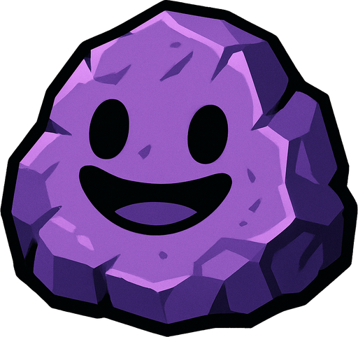Genera una imagen de una roca morada sonriente.
In-Game asset.  2d.  High contrast.  No shadows