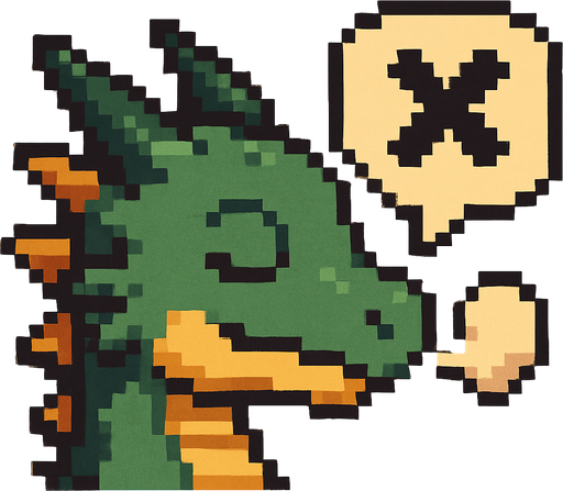 A small pixel art dragon head viewed from the side, mouth closed with a small puff of smoke or a speech bubble with a cross to symbolize that sound is off. The expression is calm and cute. Designed as a fantasy-themed icon for a retro-style 2D game UI..
In-Game asset.  2d.  High contrast.  No shadows. pixel art. side view. cute. fantasy. retro. dragon. mute. icon