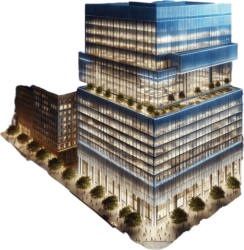 Photorealistic office house at New york night from front view.