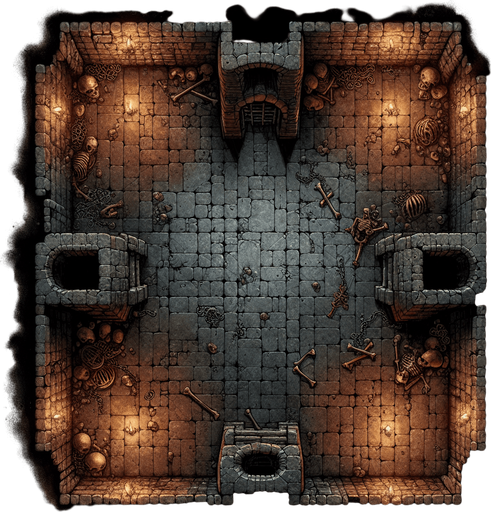 A dark, stone-walled dungeon chamber viewed directly from above. The floor is uneven with scattered bones and chains. Each wall has an entrance centered in the middle, like arched doorways, positioned on the top, bottom, left, and right sides. The room fills the entire frame, with torch-lit ambiance..
Full-frame, top-down view of a stone-walled dungeon chamber. Uneven floor, bones, chains, torch lighting. Open, arched entrances centered on each wall: top, bottom, left, and right. No 3D perspective, even lighting.