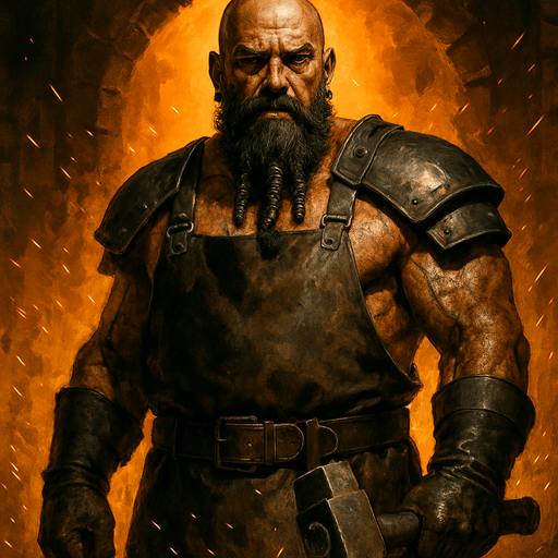 A towering warrior-blacksmith with soot-covered muscles and iron gauntlets, standing before a blazing forge. Male, 47 years old, bald with a thick black beard braided with iron rings, dark brown eyes, and deeply tanned, scarred skin. Wearing a leather apron and iron shoulder guards, wielding a massive smith-hammer. Sparks fly around him. Realistic, highly detailed, fiery forge setting. realistic.
In-Game asset.  2d.  High contrast.  No shadows