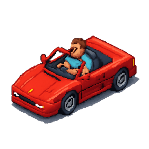 The car from the retro game out run, a red chevriolet, being driven by a man looking like from the 80s-90s. pixel style. The car is centered in the image, but it's positioned in diagonal, from top right to bottom left. No shadows on the car.