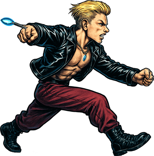 Arm positions & leg positions switched, reversed, Cyberpunk manga, side profile view running animation frames, shiny black leather biker jacket longsleeves shirtless thin abs pecs necklaces gemstone tipped wand, action shot wand pointed straight in front arm extended wand casting spell fierce fashion pose animation blonde undercut pompadour, vampire fangs, wine red joggers, combat boots, Background removed, "Full-body character, entirely in frame, no cropping of face, head, or feet" "Complete character visible, from head to toe, fully centered in the image" "Entire character, including face and boots, fully within the frame" Character fully contained within a square frame, no edges cut off,