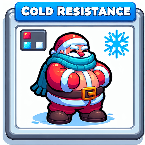 Icon for santas cold resistence, cartoon, with the text: „Cold Resistence“ at top Single Game Texture. In-Game asset. 2d. Blank background. High contrast. No shadows.